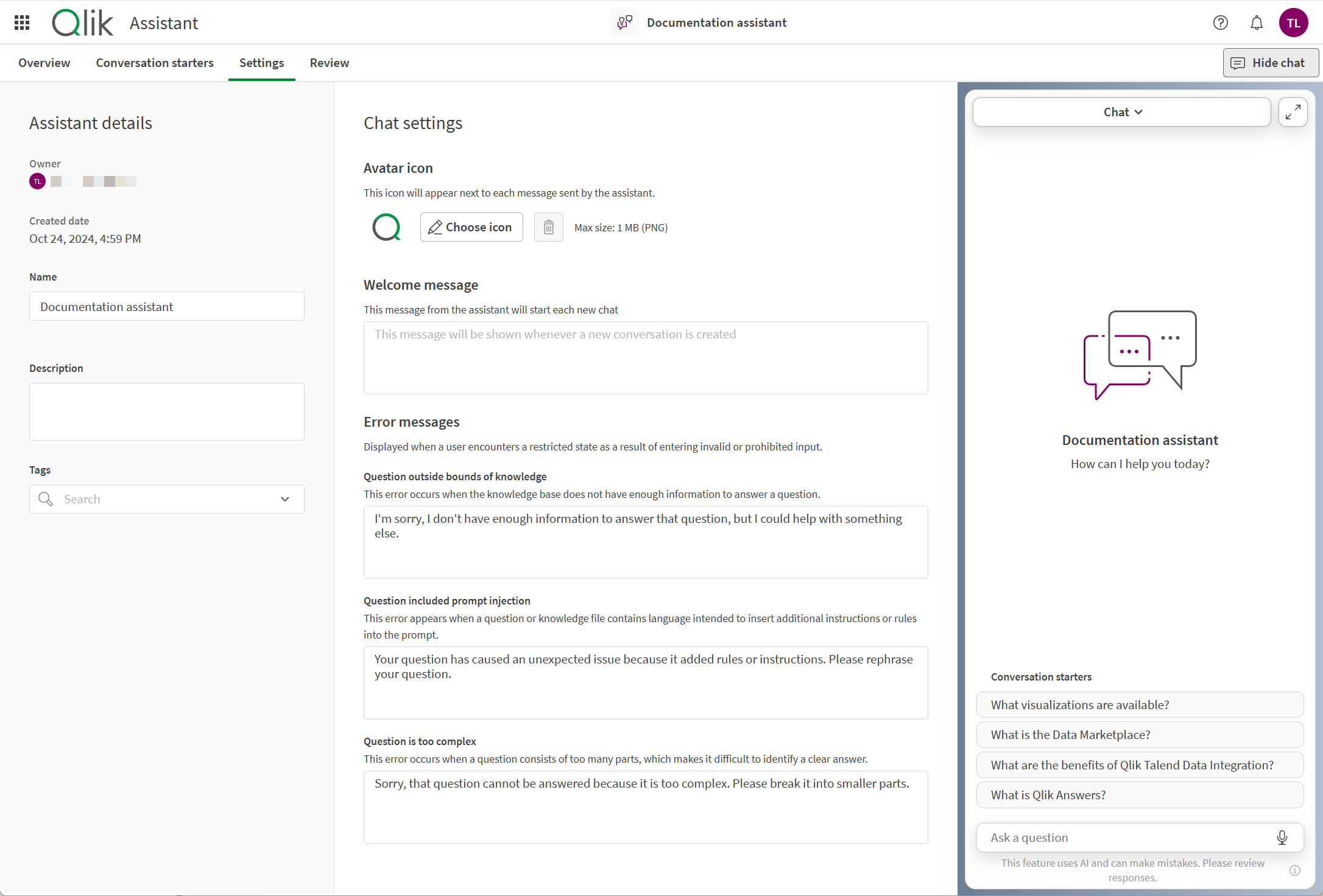 Het tabblad Instellingen toont de beschikbare details en instellingen voor de assistent en chat.