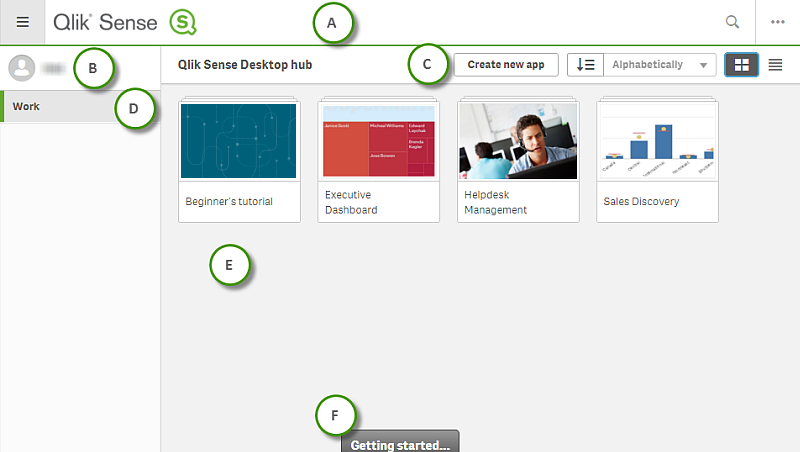 Qlik Sense Desktop hubweergave.