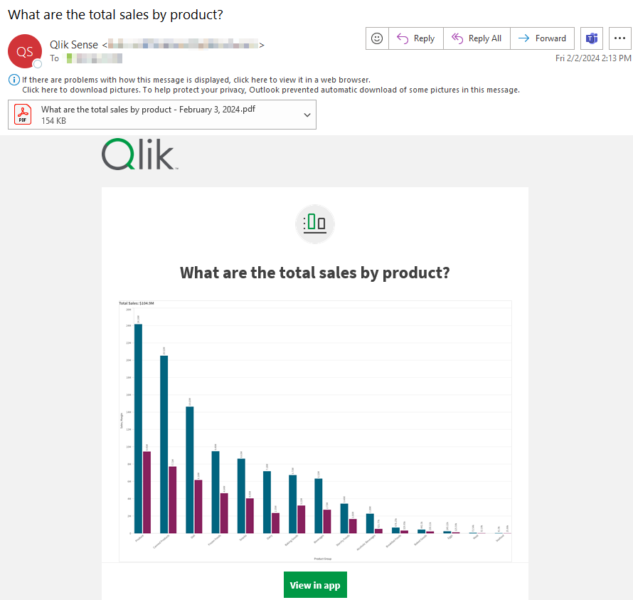 Een e-mail met een abonnementrapport met een afbeelding en PDF-bijlage.