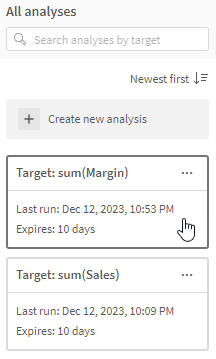 Analysevenster op het factoranalysevenster waar u op een bestaande analyse kunt klikken om de resultaten weer te geven