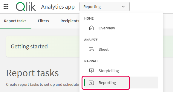 De Qlik Sense-appwerkbalk met de sectie Rapportage op het tabblad Voorbereiden van een app. Dit is de plek waar u rapportuitvoer kunt maken en configureren.