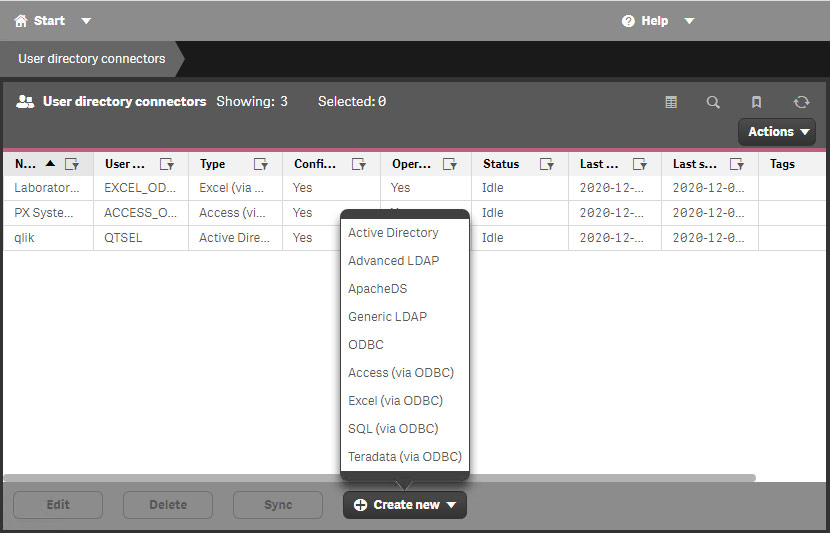 Als u een nieuwe connector voor een lijst met gebruikers maakt, moet u kiezen uit Active Directory, LDAP, Apache en verschillende ODBC-alternatieven.