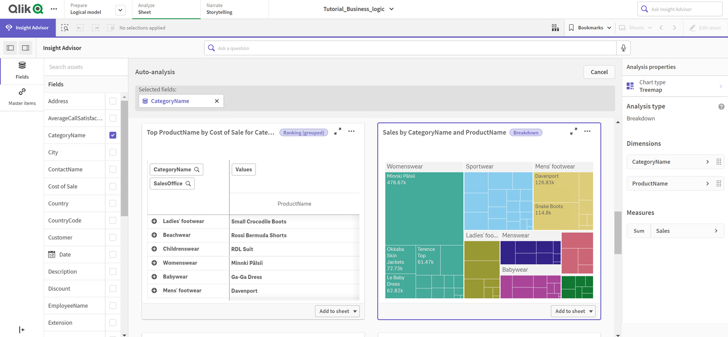 Insight Advisor-resultaten.