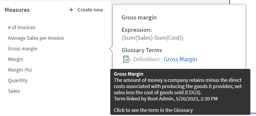 Miara główna Gross margin jest otwarta i pokazuje termin „gross margin” ze słownika.