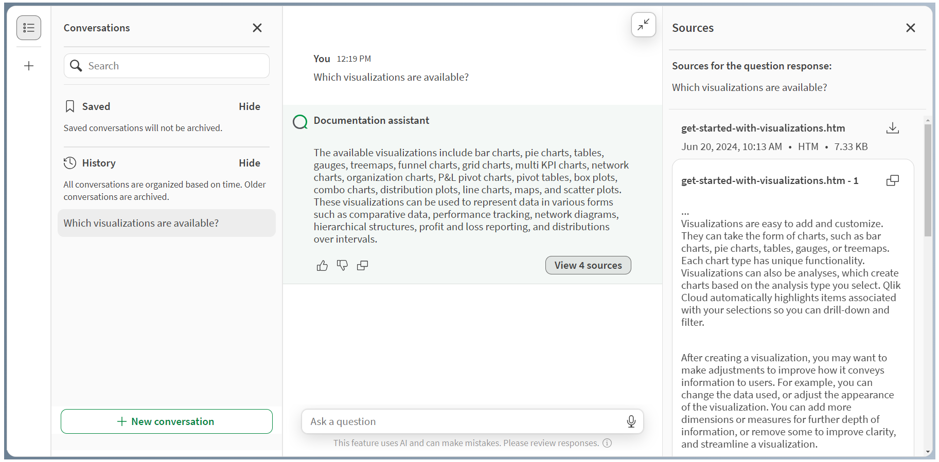 Visualizando as fontes usadas pelo Qlik Answers para gerar uma resposta selecionada.