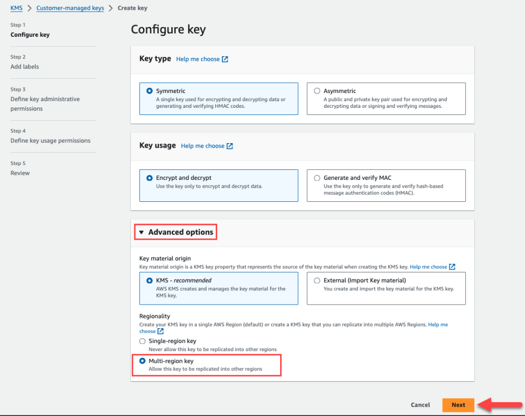 Console de gerenciamento da AWS com link de botão para criar uma chave CMK.