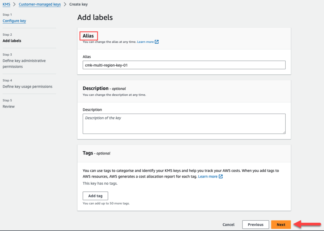 Console de gerenciamento da AWS com link de botão para criar uma chave CMK.