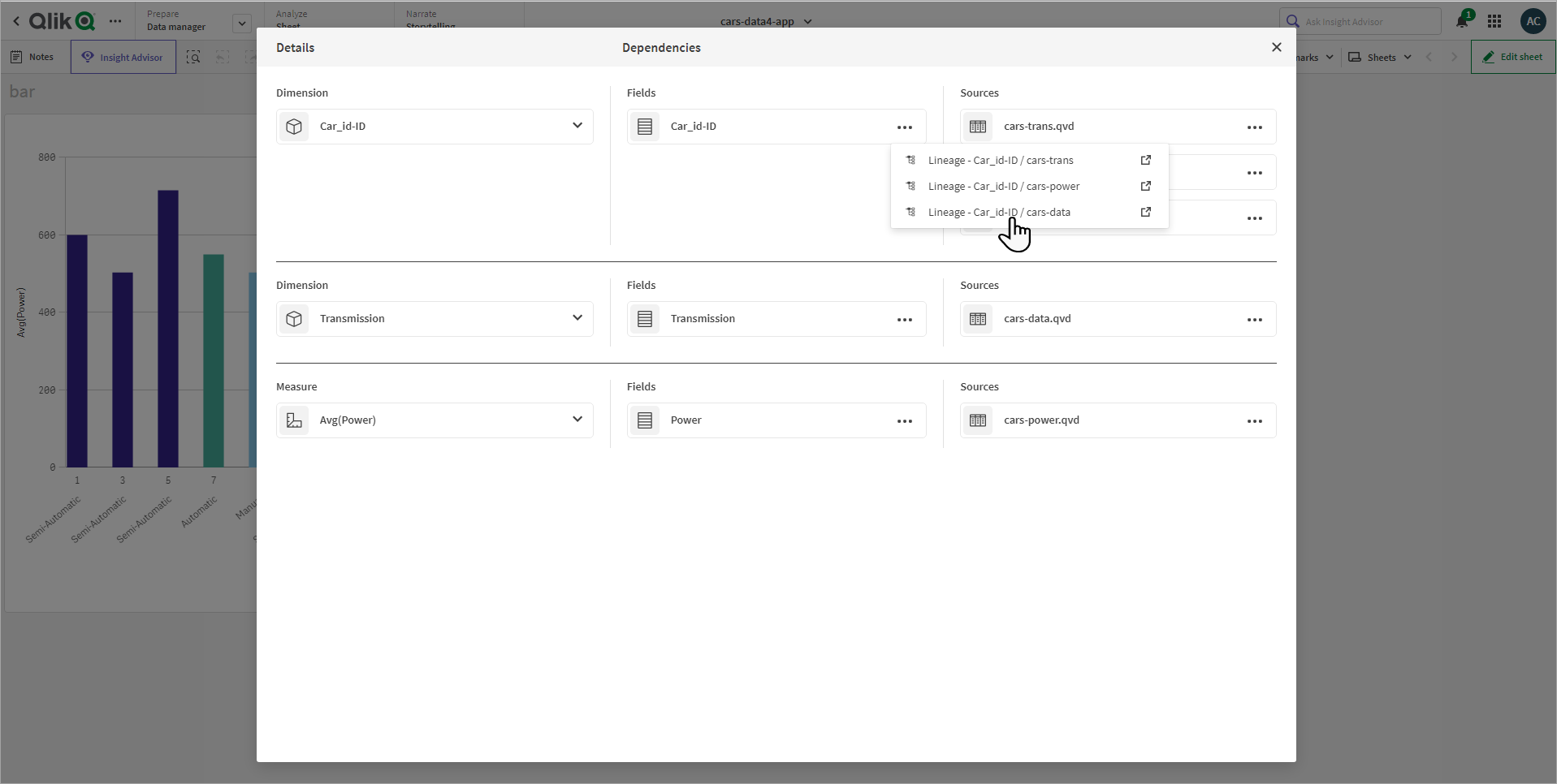 Selecione o menu e, em seguida, a opção de visualizar a linhagem de uma origem na exibição de resumo da linhagem do consumidor