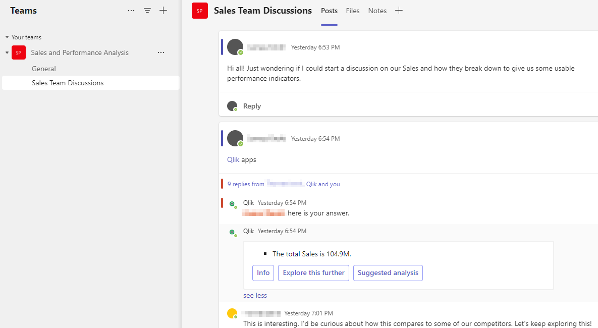 Exemplo de como o bot do Qlik Microsoft Teams pode ser usado em um canal de equipe para interações de grupo com dados