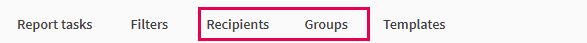 As guias "Destinatários" e "Grupos" na seção de relatórios do aplicativo