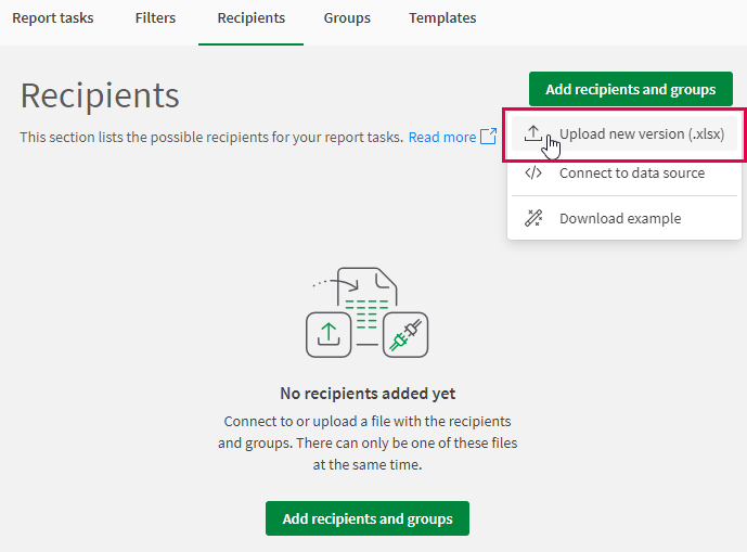 Clicando no botão na guia Destinatários para fazer upload do arquivo de origem recém-criado