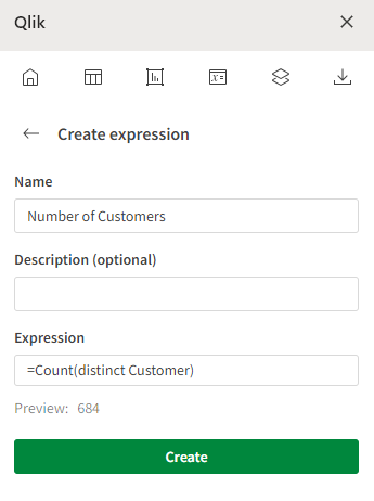 Crie uma expressão usando o suplemento do Excel, definindo um Nome, uma descrição e uma expressão (cálculo)