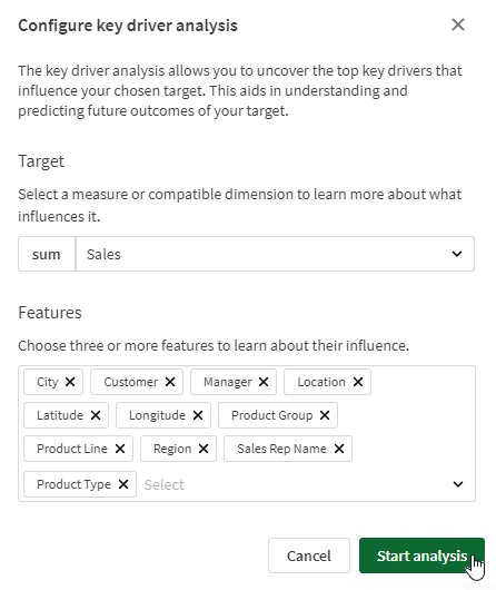 Configurando uma análise de determinante chave selecionando um alvo e recursos