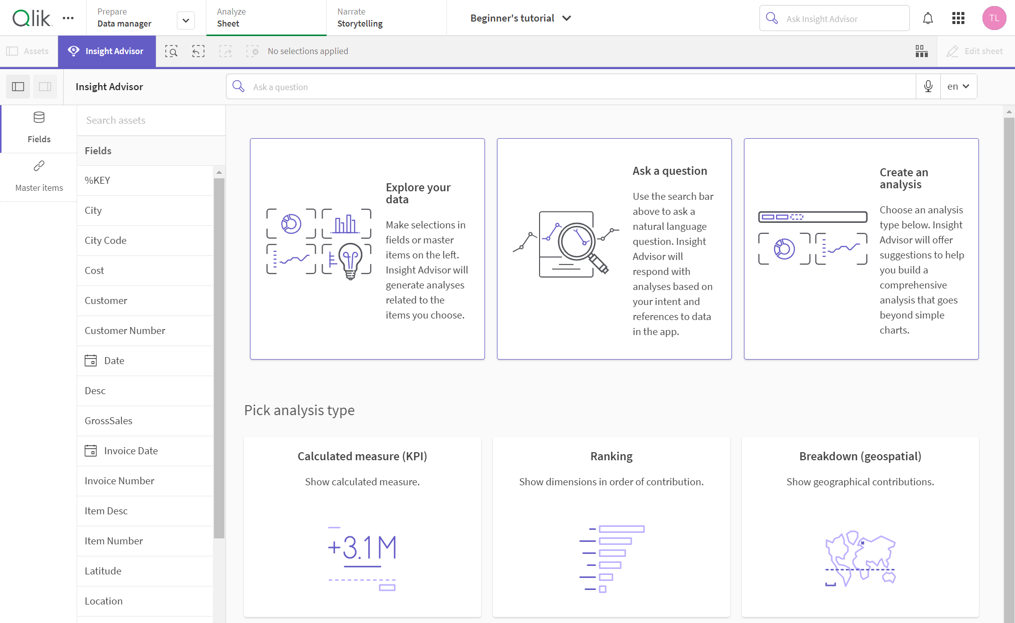 O botão Insight Advisor para abrir o Insight Advisor.