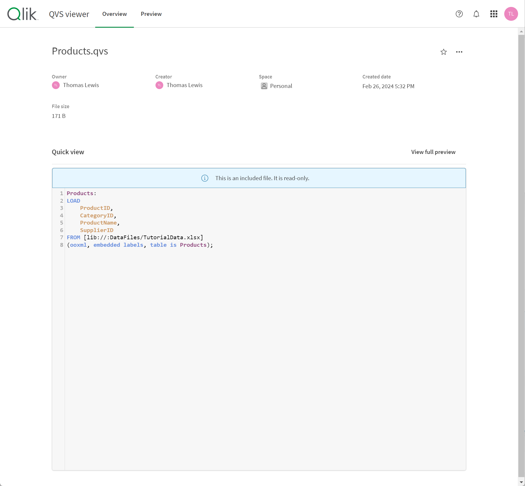 Visão geral do arquivo QVS Product.qvs, mostrando informações do QVS e uma visualização rápida do script.