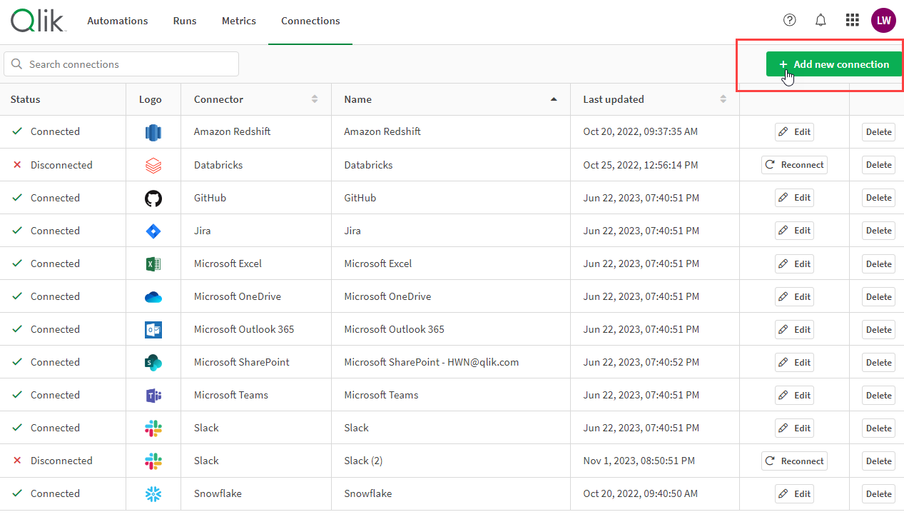 Image of the Connections page showing a list of connectors. Authenticated connectors are indicated with a check mark. Unauthenticated connectors are indicated with a cross mark.