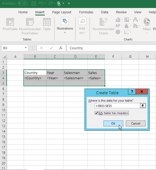 Modelo de relatório do Excel com níveis adicionados como tabela.