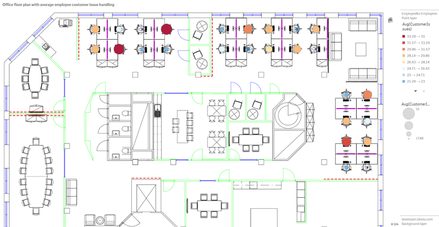 Exemplo de mapa com plano de fundo com a imagem da planta baixa, com uma camada de ponto mostrando os funcionários dimensionados pelo número de problemas de clientes que eles resolveram