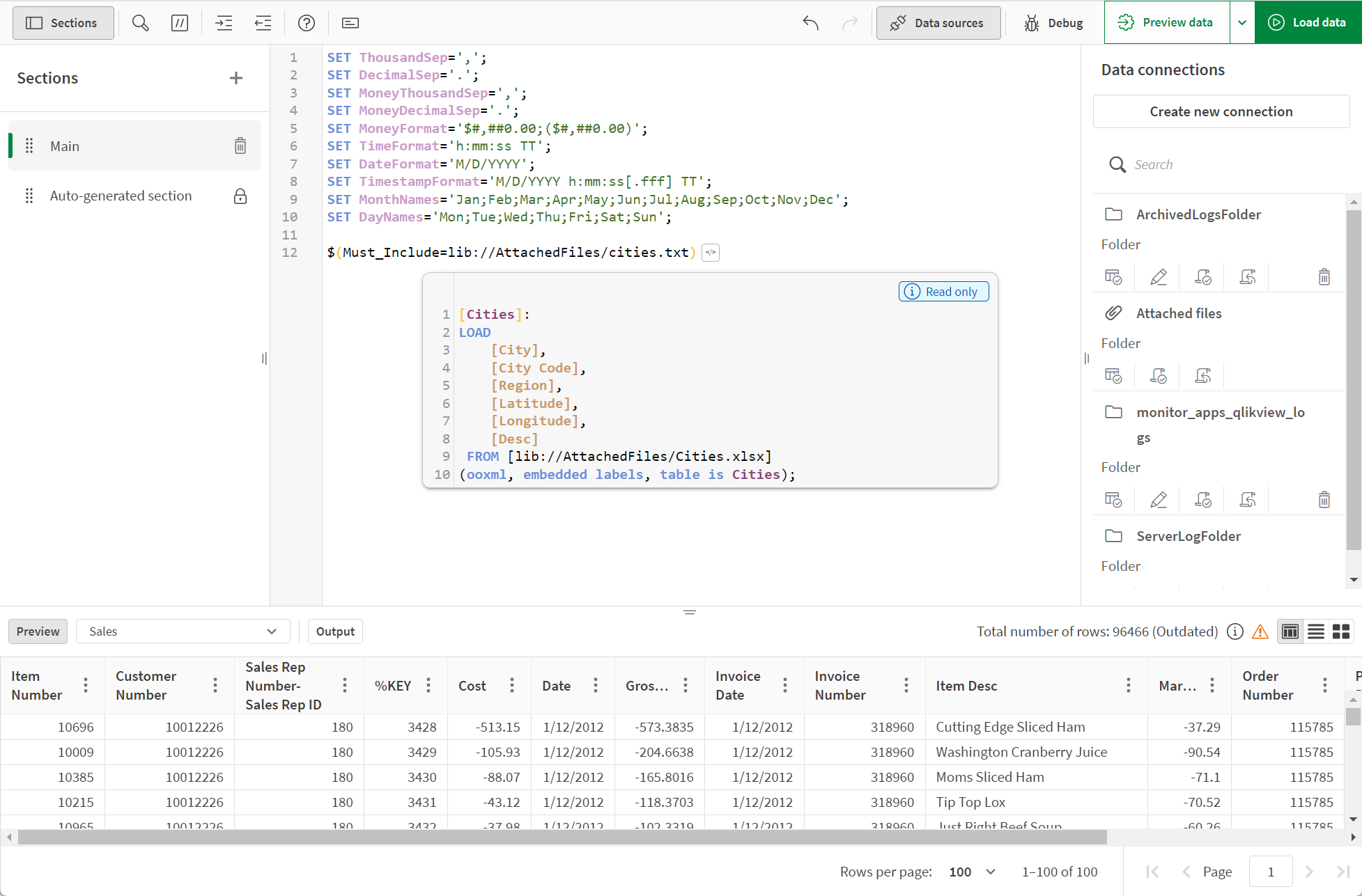 Visualização de um script inserido no Editor da carga de dados.