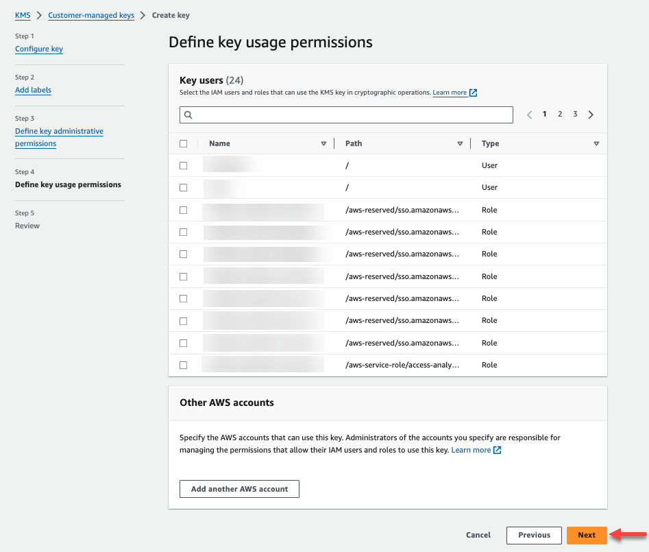 Консоль управления AWS с кнопкой-ссылкой для создания ключа CMK.