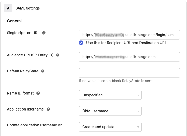 Панель SAML settings (Параметры SAML).