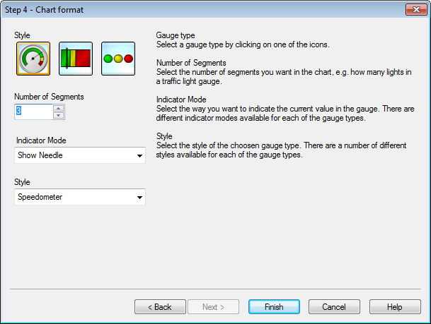 Step 4: Chart format (gauge chart). The user can select a gauge type, number of segments, the indicator mode, and the gauge style.