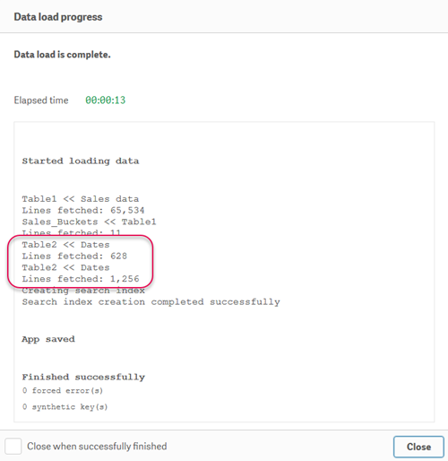 Fönster som visar laddningsprocessen för konkatenering av data.