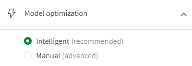 Experimentets konfigurationspanel visar att inställningsalternativet för Modelloptimering är inställt på "Intelligent"