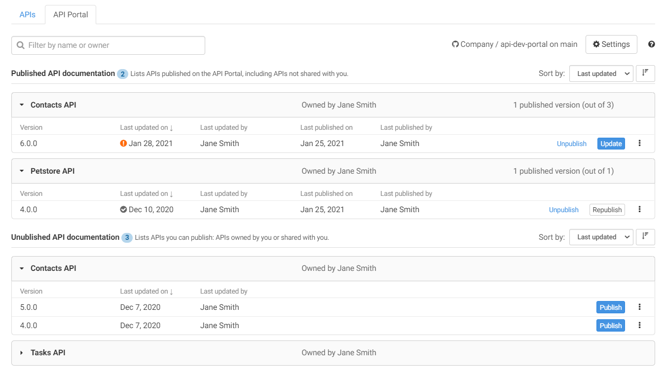 Registerkarte API Portal.