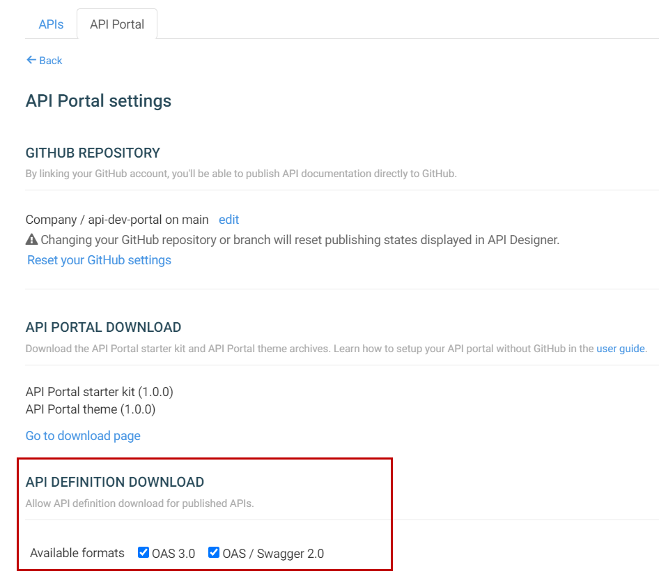 Dialogfeld API Portal settings (API Portal-Einstellungen).