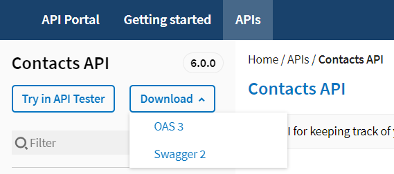 Die Contacts API hat jetzt eine Schaltfläche Download (Herunterladen).