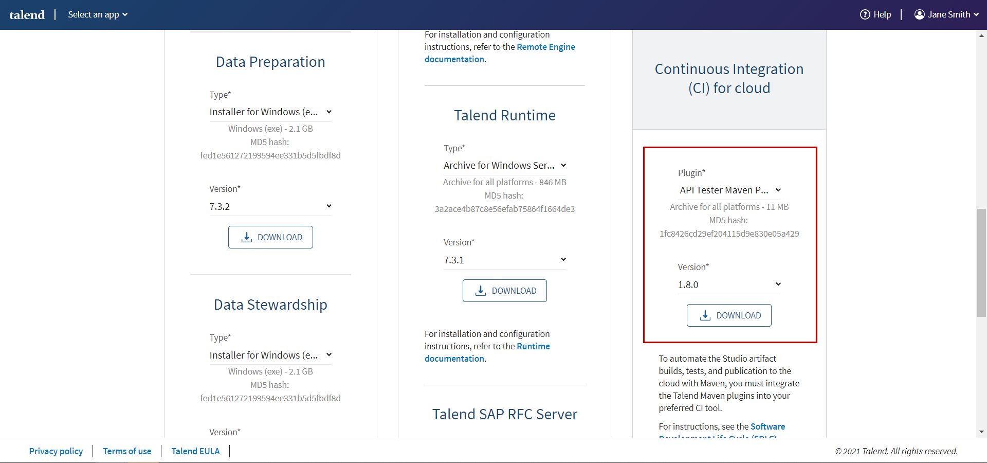 Die Seite „Downloads“ mit den Installationsdateien für Continuous Integration for Cloud.