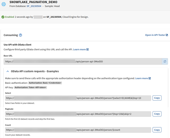 ODATA API der Snowflake-Tabelle mit benutzerdefinierten Beispielanforderungen.