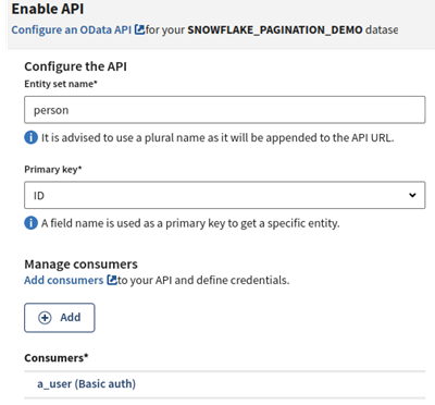 Eigenschaften der ODATA API Snowflake-Tabelle.