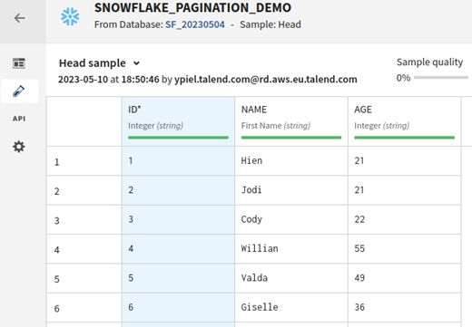 Head Sample einer Snowflake-Demodatenbank.