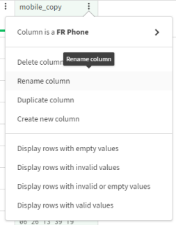 Das Menü der Spalte mobile_copy ist geöffnet, und die Option Rename column (Spalte umbenennen) ist ausgewählt.