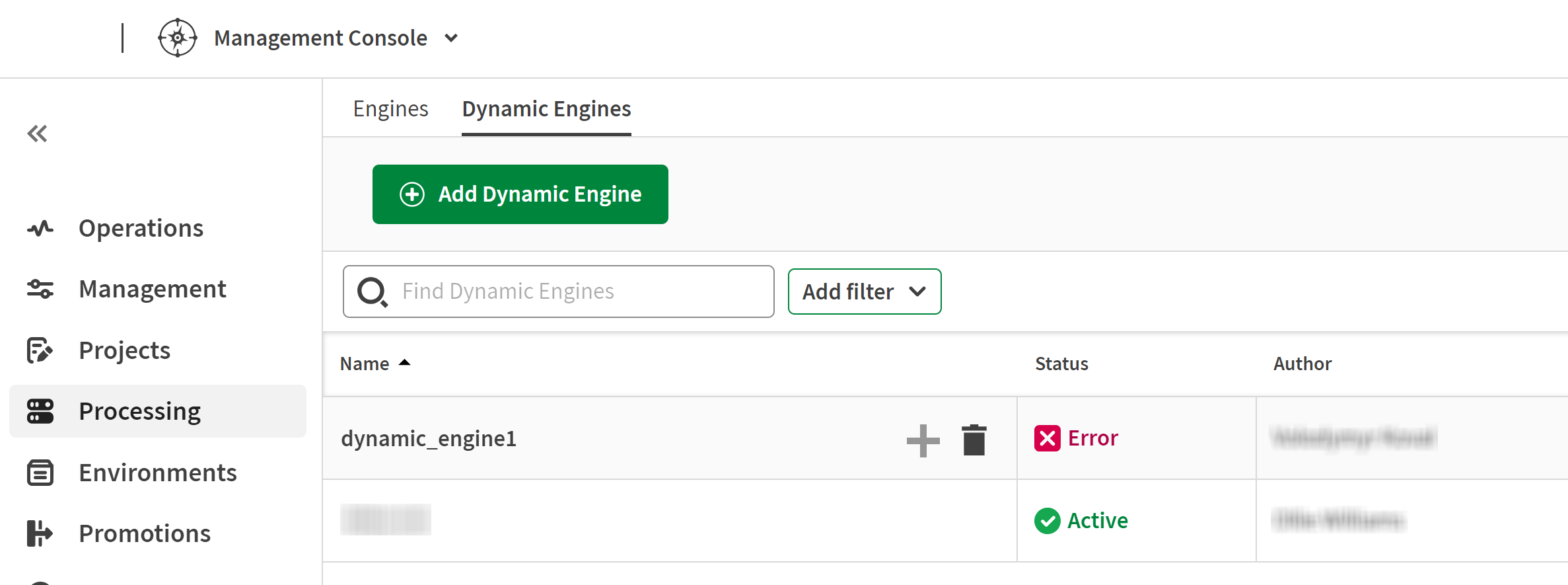 Dynamic Engine mit dem Status „Aktiv“.