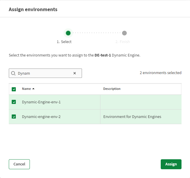 Auswahl von Dynamic Engine-Umgebungen.