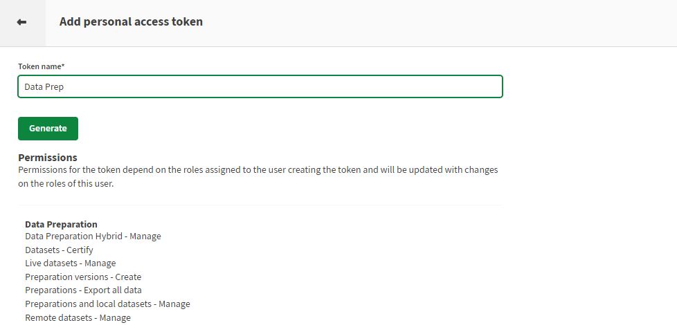 Ein persönliches Zugriffstoken mit dem Namen „Data Prep“ wird hinzugefügt.