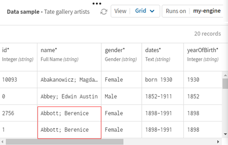 Vorschau eines Datenbeispiels mit Tate-Künstler-Datensätzen