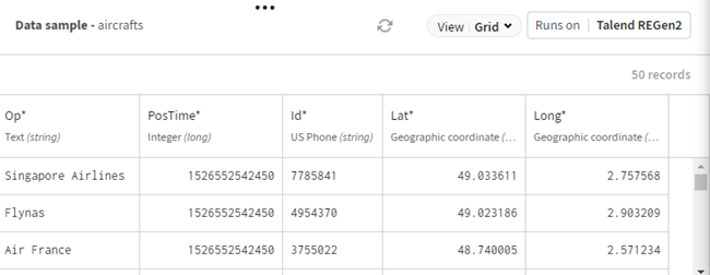 Vorschau eines Datenbeispiels über Luftfahrzeuge.