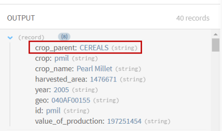 Vorschau des Prozessors vom Typ „Strings (Zeichenfolge)“ nach dem Ändern der Schreibweise der Getreidedatensätze zu Großbuchstaben.