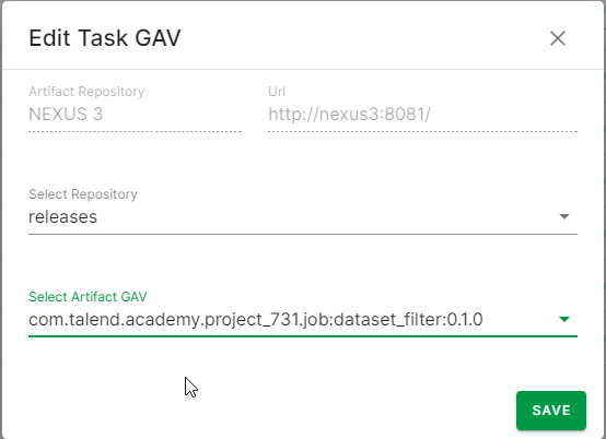 Seite „Edit Task GAV (Task-GAV bearbeiten)“ mit ausgefüllten Feldern für Repository und Artefakt-GAV.