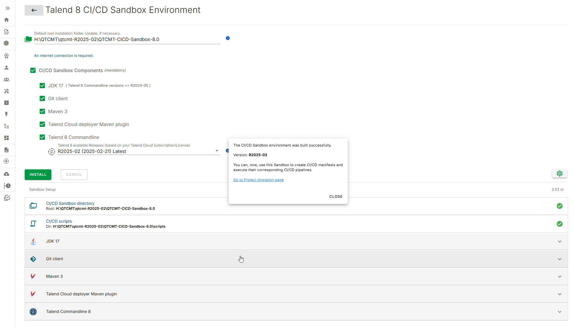 Seite der Talend 8 CI/CD-Sandkasten-Umgebung mit hervorgehobener Schaltfläche „Install (Installieren)“ und einer Meldung, die angibt, dass die CI/CD-Sandkasten-Umgebung erfolgreich erstellt wurde