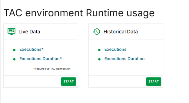 Untermenüs von „TAC Environment Runtime Usage“ (TAC-Umgebungslaufzeitnutzung).