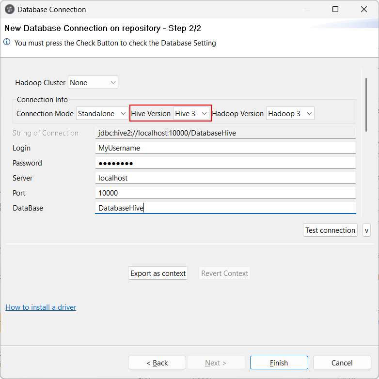 Dialogfeld Database Connection (Datenbankverbindung) mit Hive-Einstellungen.