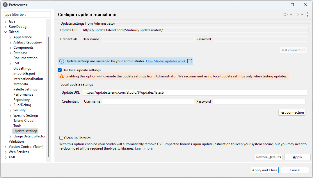 Ansicht Configure update repositories (Aktualisierungs-Repositorys konfigurieren).