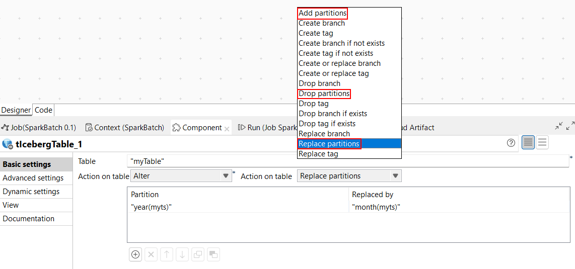 Ansicht Basic settings (Grundlegende Einstellungen) für tIcebergTable mit Hervorhebung der neuen Partitionsparameter.