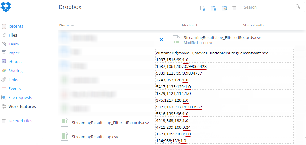 Screenshot des Inhalts der Datei StreamingResultsLog_FilteredRecords.csv in Dropbox