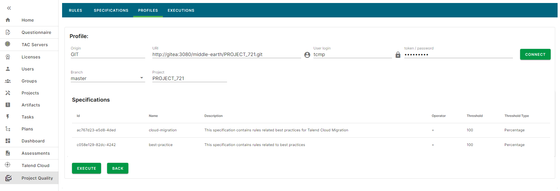 Registerkarte „Profiles (Profile)“ mit einem konfigurierten Profil und einigen Spezifikationen.